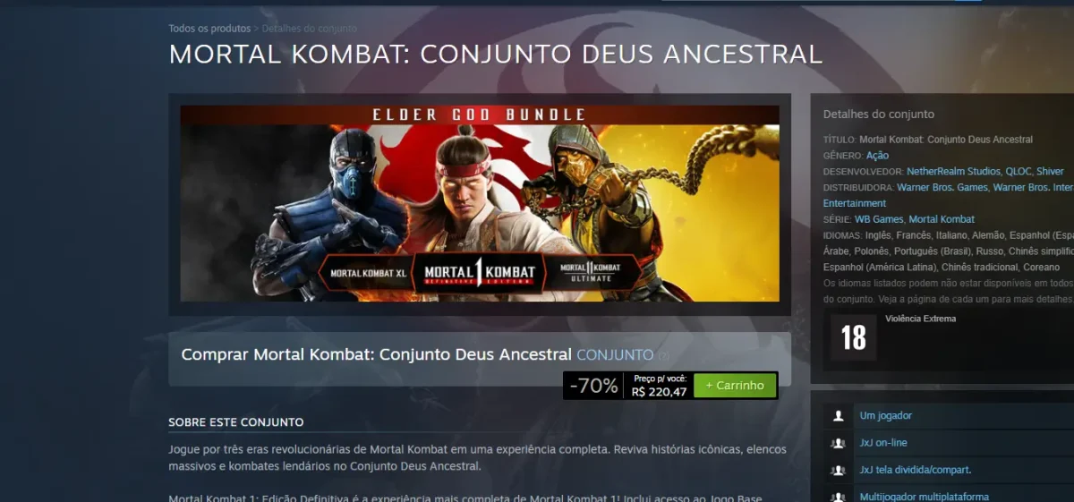 Mortal Kombat: Conjunto Deus Ancestral reúne três gerações da franquia com 70% de desconto no PC 1 Imagem promocional do bundle Mortal Kombat: Conjunto Deus Ancestral exibindo o preço e os três jogos incluídos.