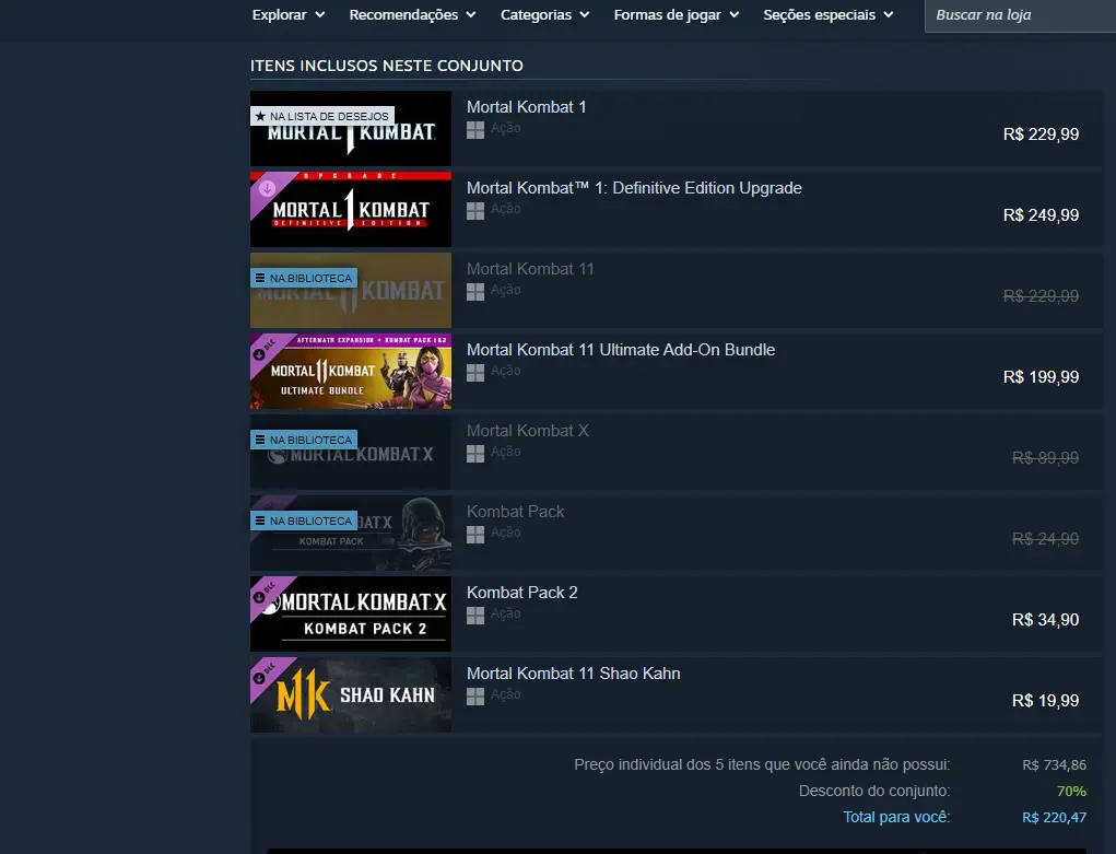 Mortal Kombat: Conjunto Deus Ancestral reúne três gerações da franquia com 70% de desconto no PC 2 Tabela listando os conteúdos inclusos no Mortal Kombat: Conjunto Deus Ancestral, como expansões e personagens jogáveis.