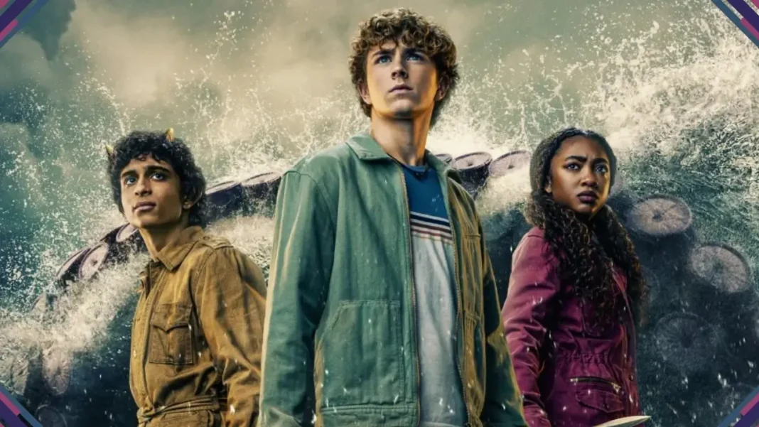 Personagens de Percy Jackson e os Olimpianos em arte promocional do Disney Plus para a campanha Missão Percy Jackson.