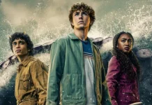 Personagens de Percy Jackson e os Olimpianos em arte promocional do Disney Plus para a campanha Missão Percy Jackson.