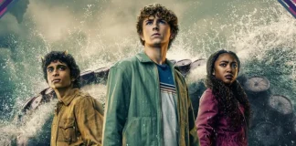 Personagens de Percy Jackson e os Olimpianos em arte promocional do Disney Plus para a campanha Missão Percy Jackson.