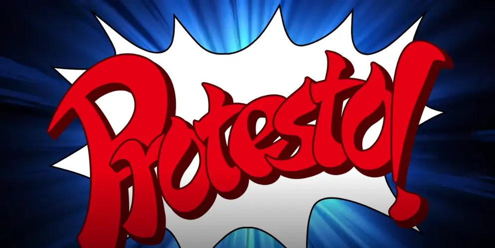 Phoenix Wright apontando e dizendo 'Protesto' na versão em português da trilogia Ace Attorney.