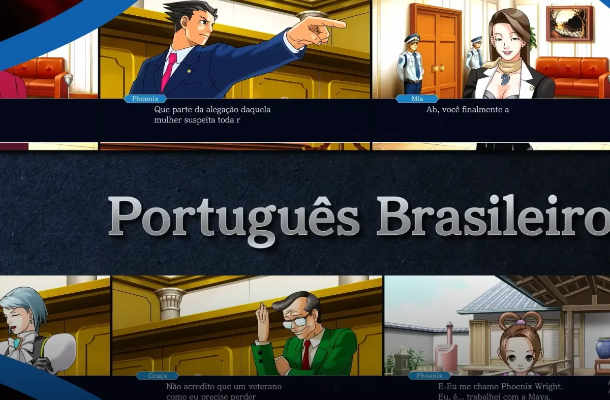 Cena do tribunal da trilogia Ace Attorney com vários personagens interagindo, diálogos em português.