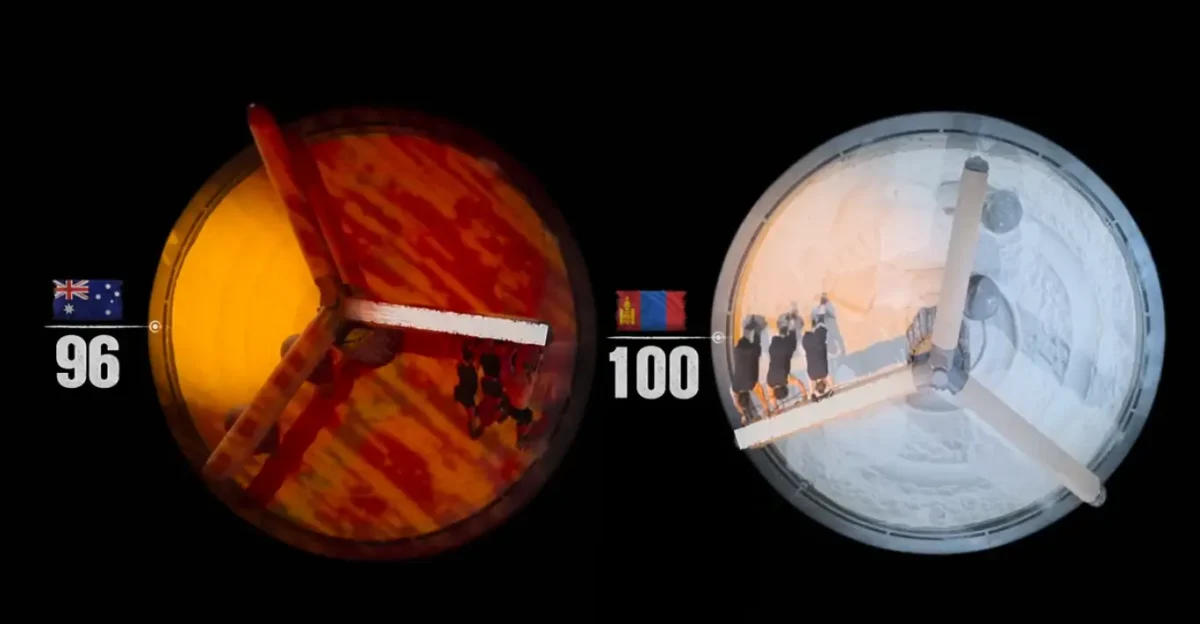 Atletas realizando uma prova de força e resistência na final de A Batalha dos 100: Ásia.