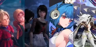 Imagem com destaques do State of Play Asia mostrando o novo Dragon Quest, o Fatal Frame II Remake, um jogo da Marvel e outro título ainda não identificado.