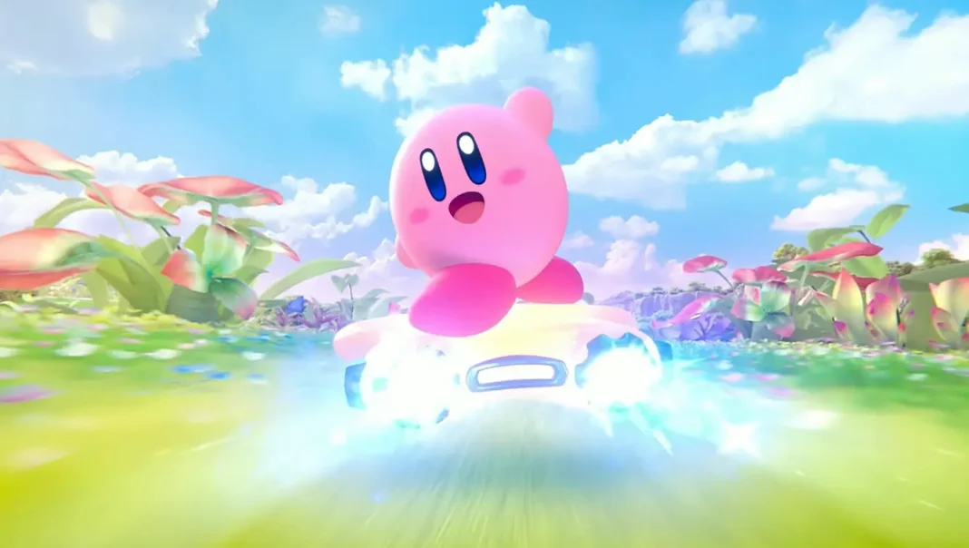 Kirby flutuando com expressão animada em cenário colorido do jogo Kirby Air Riders.