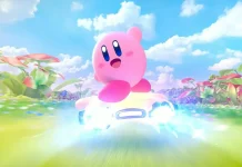 Kirby flutuando com expressão animada em cenário colorido do jogo Kirby Air Riders.