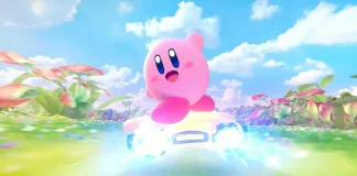 Kirby flutuando com expressão animada em cenário colorido do jogo Kirby Air Riders.