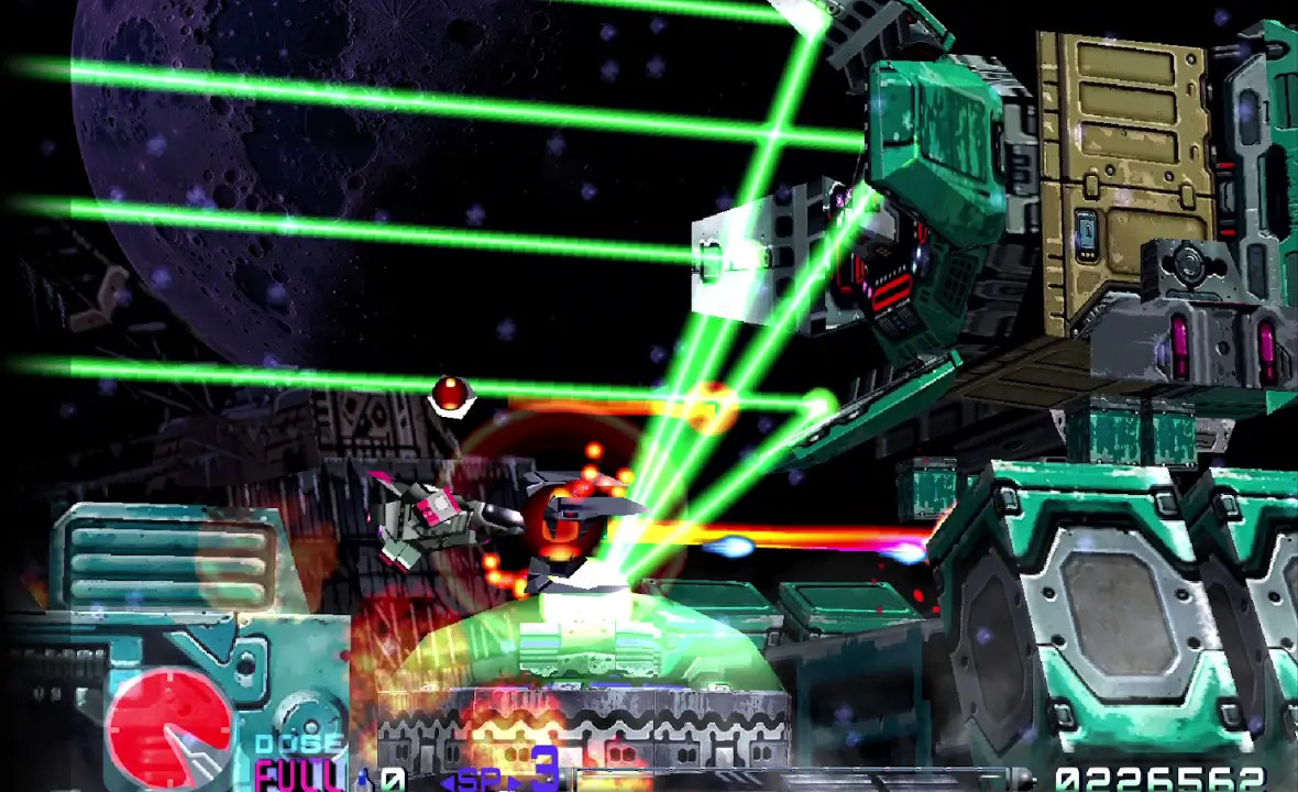 Cena de gameplay de R-Type Delta HD Boosted com batalha intensa contra chefes da Bydo Empire e efeitos visuais aprimorados