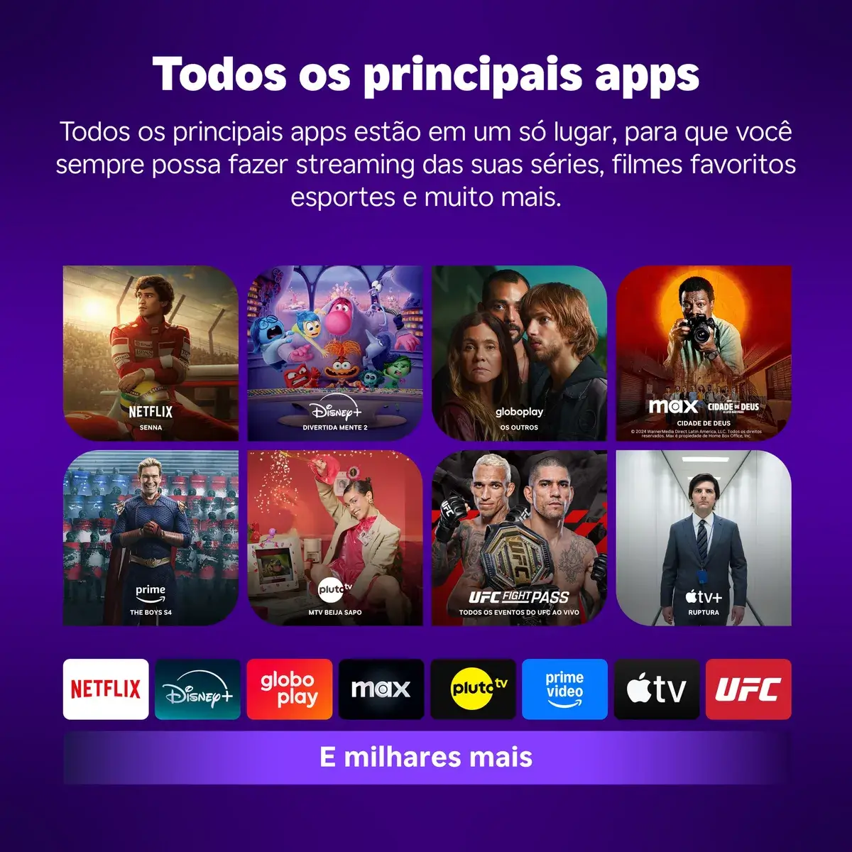 Tela com vários aplicativos de streaming organizados lado a lado, destacando a compatibilidade do dispositivo.