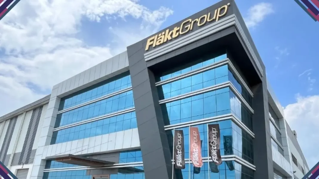 Fachada moderna da sede da FläktGroup, empresa adquirida pela Samsung, na Europa. Para ampliar seu alcance com HVAC.