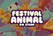 Logotipo do Steam Animal Fest 2025 com ilustrações de animais ao fundo e cores vibrantes que representam o evento da Steam.