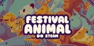 Logotipo do Steam Animal Fest 2025 com ilustrações de animais ao fundo e cores vibrantes que representam o evento da Steam.