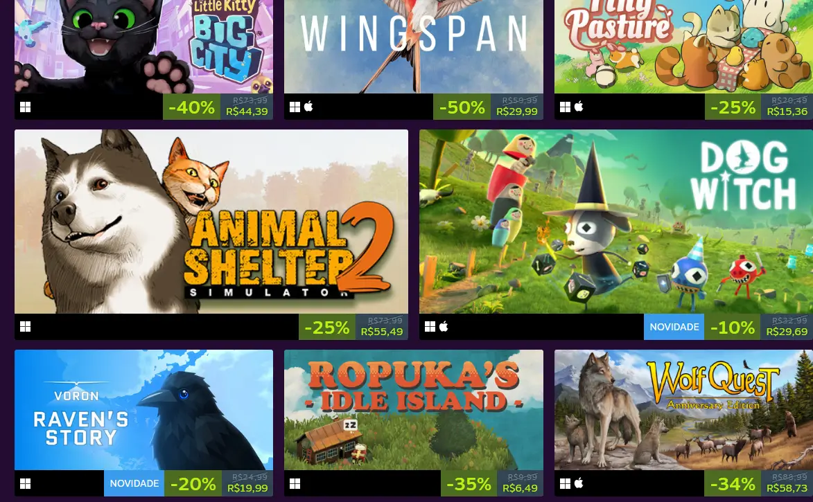 Captura mostrando jogos em destaque do Steam Animal Fest 2025 disponíveis na Steam.