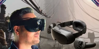 Pessoa usando o Steam Frame, novo óculos de realidade virtual da Valve.