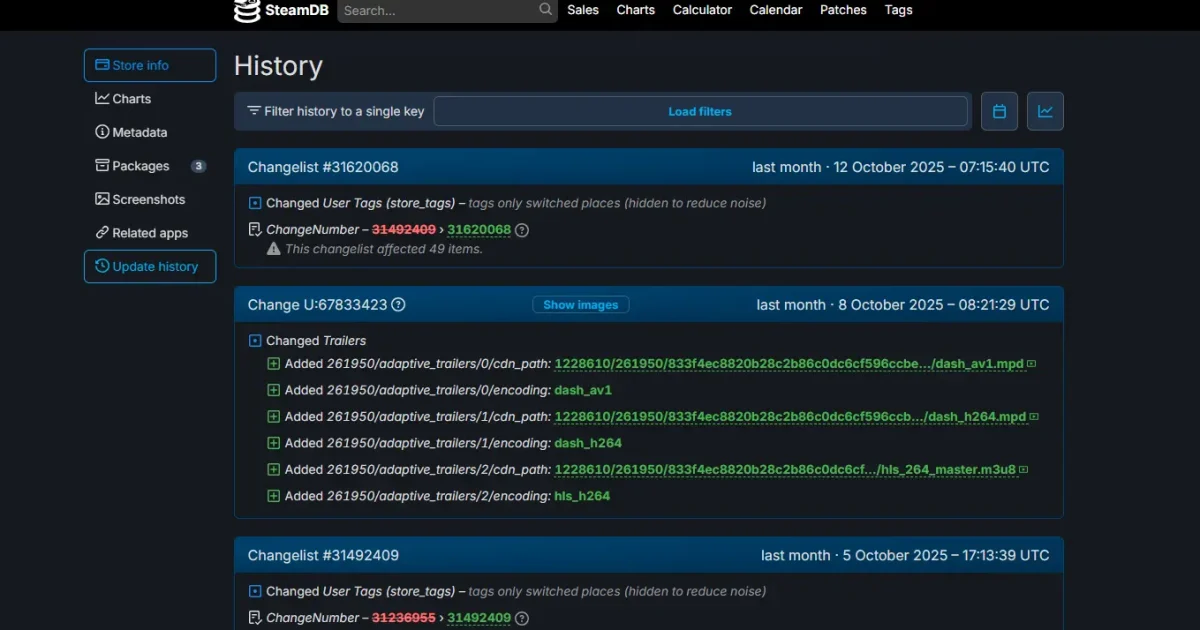 Atualizações recentes de Karlson exibidas no SteamDB.