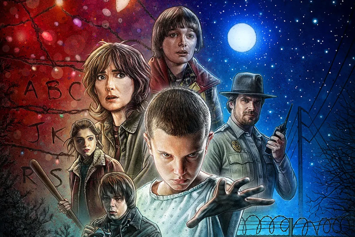 Logo original de Stranger Things ao lado dos protagonistas na primeira temporada, representando o início da jornada dos meninos de Hawkins.