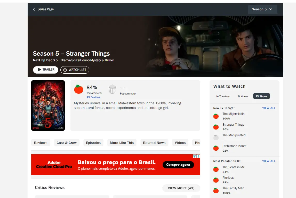 Notas e índice de aprovação de Stranger Things 5 exibidos no Rotten Tomatoes