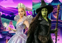 Elphaba e Glinda em frente à Roku City inspirada em Wicked: Parte 2, com prédios verdes, referências ao filme e clima da Cidade Esmeralda.