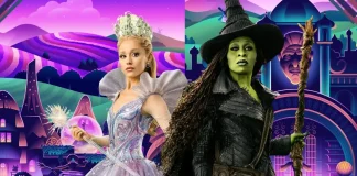 Elphaba e Glinda em frente à Roku City inspirada em Wicked: Parte 2, com prédios verdes, referências ao filme e clima da Cidade Esmeralda.