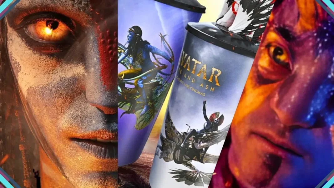 Personagens de Avatar: Fogo e Cinzas com brindes do Fan Event da UCI, incluindo pôster oficial, pin colecionável e ticket IMAX.