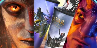 Personagens de Avatar: Fogo e Cinzas com brindes do Fan Event da UCI, incluindo pôster oficial, pin colecionável e ticket IMAX.