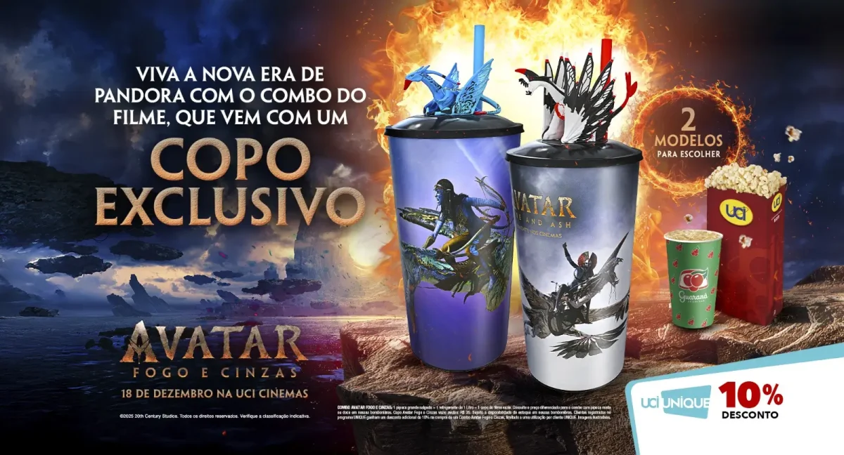 Brindes do Fan Event de Avatar: Fogo e Cinzas na UCI, com pôster oficial, pin colecionável e ticket IMAX numerado.