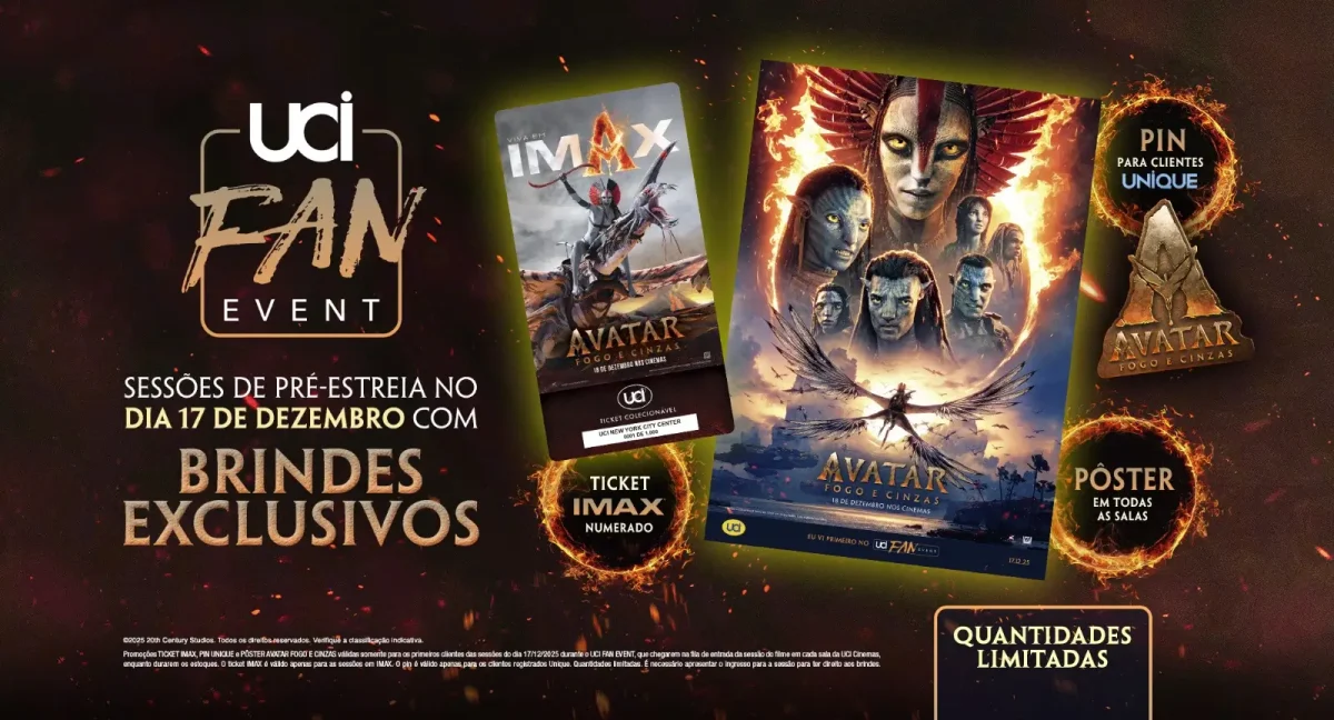 Combo oficial de Avatar: Fogo e Cinzas na UCI com copo temático do filme.