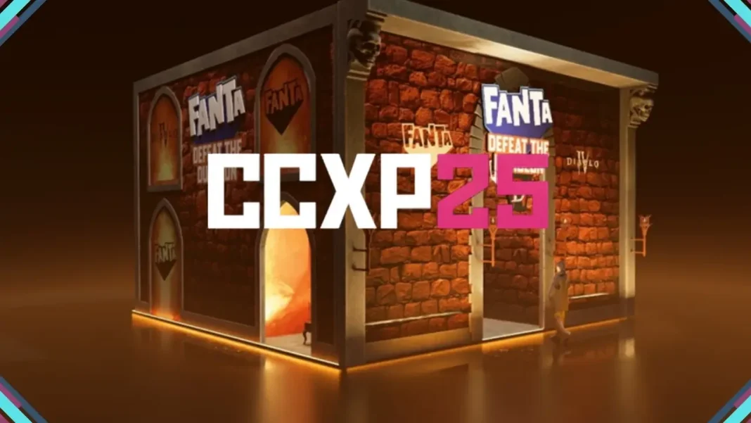 Estande da Fanta na CCXP25 com cenário inspirado em Diablo IV, incluindo masmorra temática, painel de energia e área de interação para visitantes.