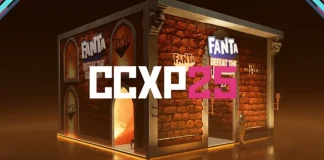 Estande da Fanta na CCXP25 com cenário inspirado em Diablo IV, incluindo masmorra temática, painel de energia e área de interação para visitantes.