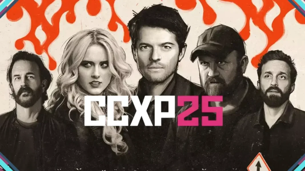 Logo da CCXP25 com imagens dos atores de Supernatural, anunciando a celebração de 20 anos da série