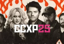 Supernatural na CCXP25: Fãs conferem programação especial a partir de quinta-feira Logo da CCXP25 com imagens dos atores de Supernatural, anunciando a celebração de 20 anos da série
