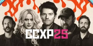 Logo da CCXP25 com imagens dos atores de Supernatural, anunciando a celebração de 20 anos da série