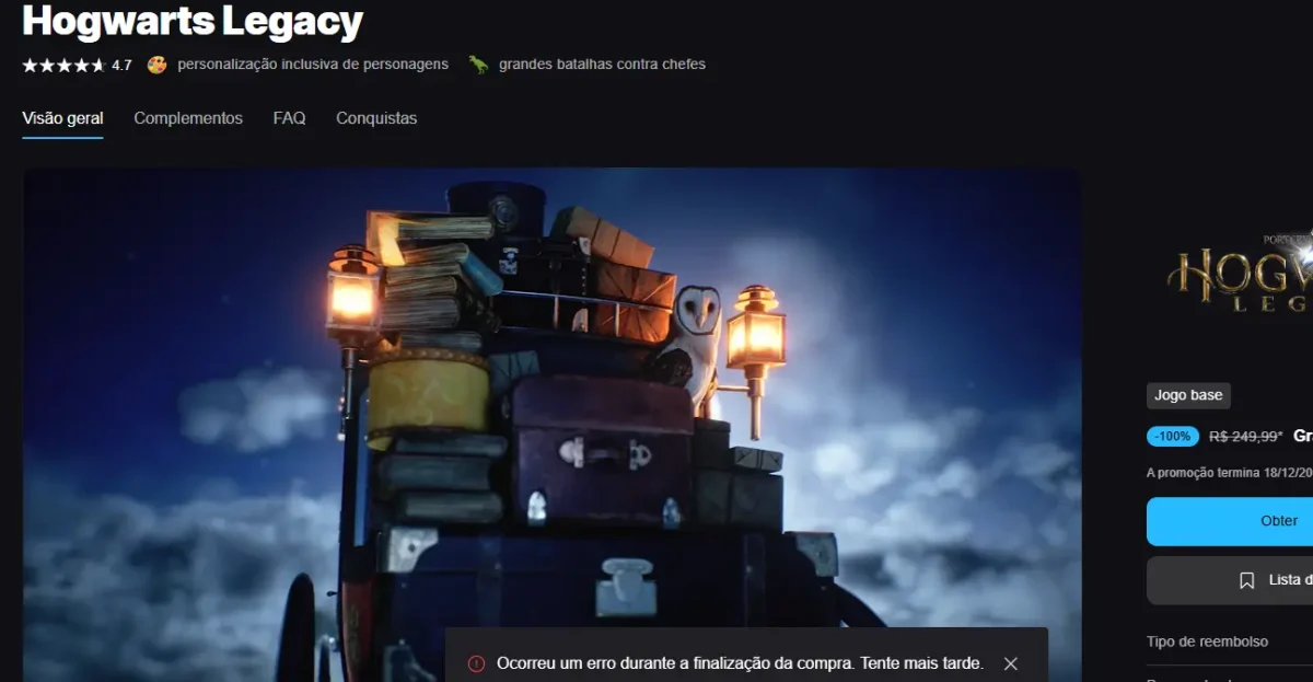 Hogwarts Legacy na Epic Games está gratuito, mas ninguém consegue resgatar 1 Hogwarts Legacy na Epic Games está gratuito erro ao resgatar