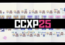 Logotipo da CCXP25 em destaque com o mapa oficial ao fundo, mostrando áreas de acesso, estandes e espaços interativos