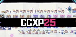 Logotipo da CCXP25 em destaque com o mapa oficial ao fundo, mostrando áreas de acesso, estandes e espaços interativos