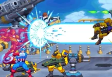 Cena do jogo MARVEL Cosmic Invasion com Capitão América e Homem-Aranha em batalha cósmica