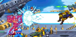 Cena do jogo MARVEL Cosmic Invasion com Capitão América e Homem-Aranha em batalha cósmica