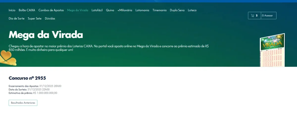 Mega da Virada 2025: Concurso de número: 2955, site oficial da caixa