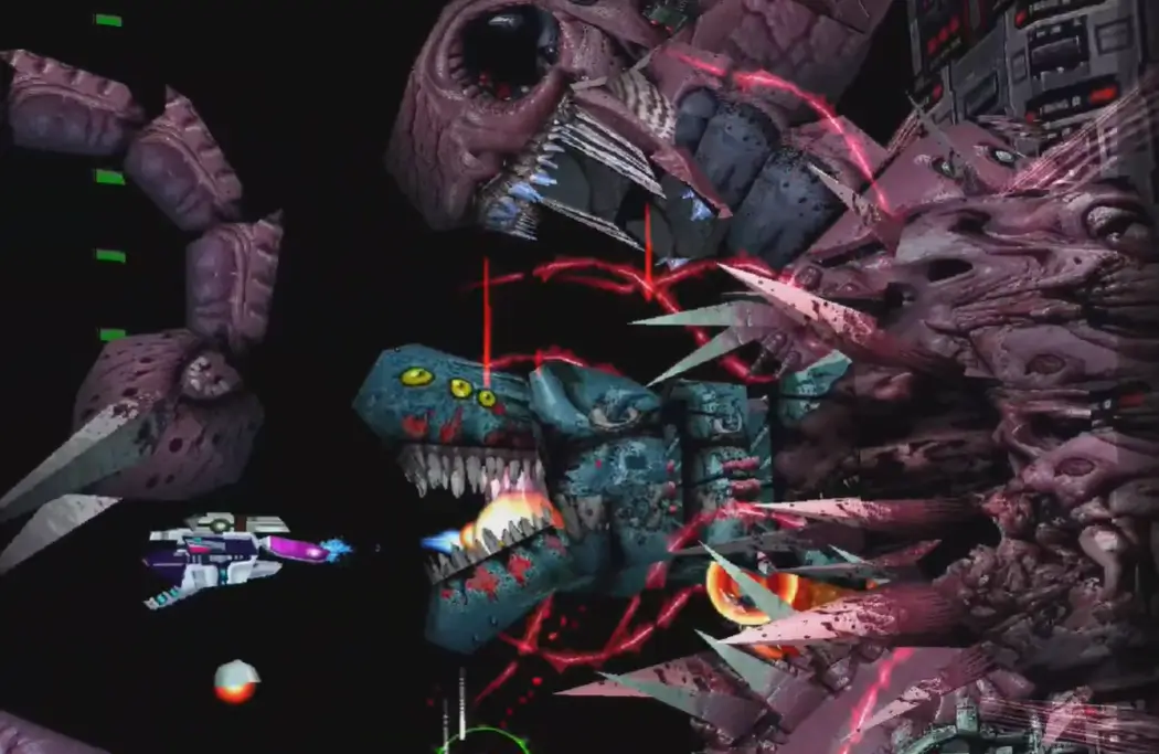 Inimigo com design grotesco em R-Type Delta: HD Boosted inspirado em formas orgânicas