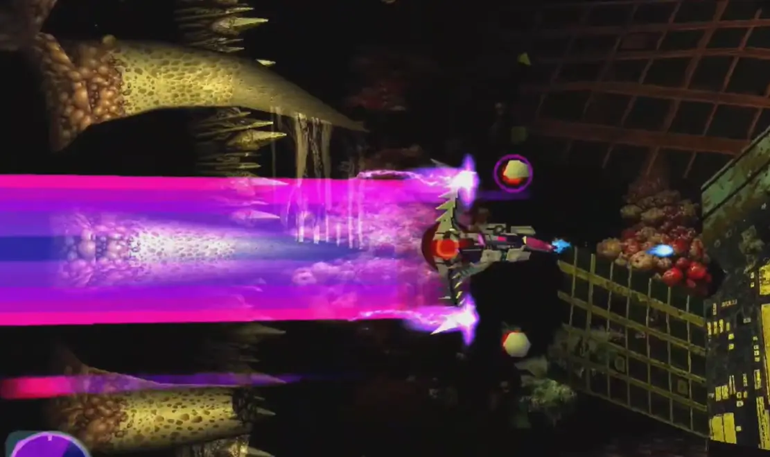 Inimigos alienígenas avançando em formação durante fase de R-Type Delta: HD Boosted