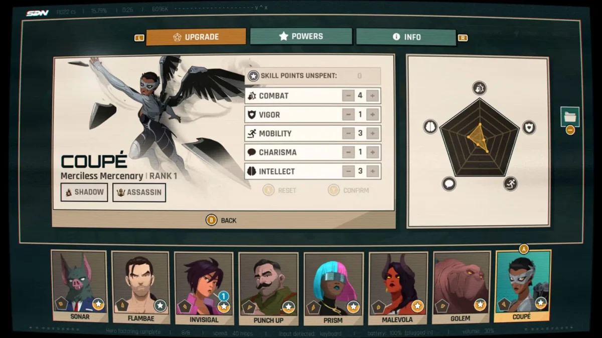 Árvore de habilidades dos personagens dentro do jogo Dispatch