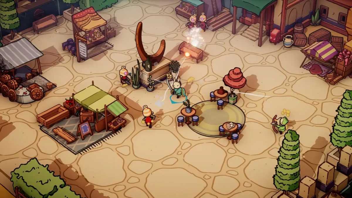 Personagens exploram o cenário desértico em DuneCrawl com visão isométrica