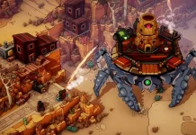 DuneCrawl um jogo cooperativo em cima de crustáceos, chega em 5 de janeiro Crustáceo gigante atravessando o deserto em DuneCrawl durante partida cooperativa