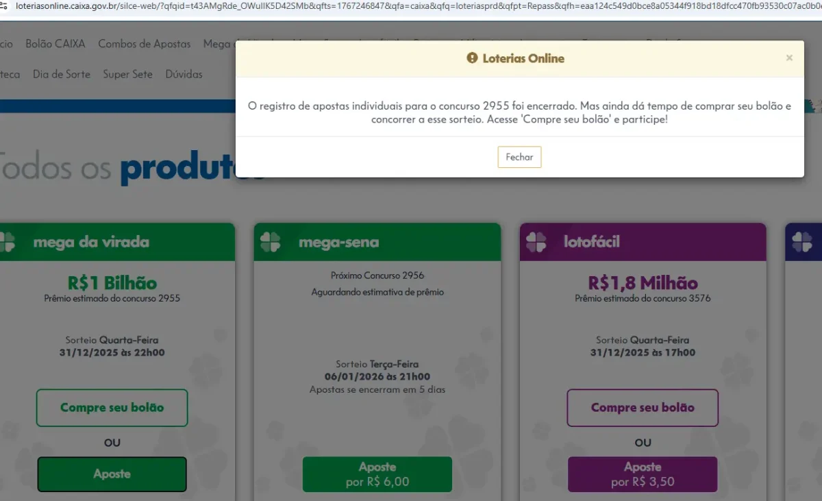 Site oficial da Loterias Online da Caixa sobre o encerramento das apostas para Mega da Virada 2025