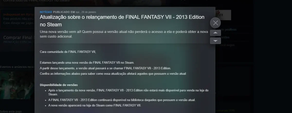 Imagem da informação da versão remasterizada do jogo de FFVII