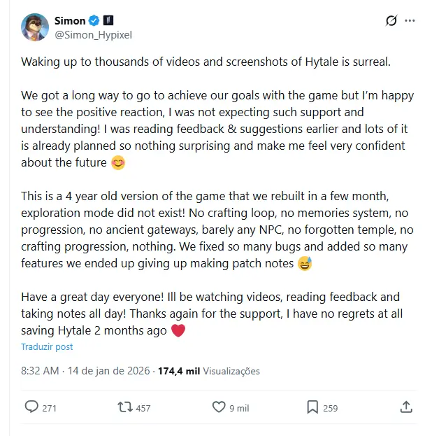 Perfil oficial do desenvolvedor do jogo Hytale na plataforma do X