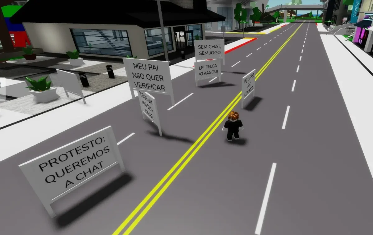 Placas de protesto dentro do servidor do Brookhaven no jogo Roblox