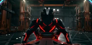 Tron Ares em destaque no mundo digital com elementos da Grade ao fundo