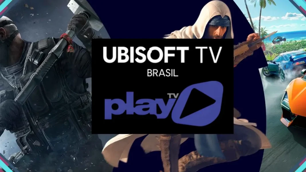 Logos da PlayTV e da Ubisoft destacando parceria para exibição de programas gamers na televisão brasileira